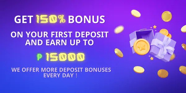 Nice PH48 first deposit banner: 150 percent bonus up to 15000 pesos with a star-topped gift box and gold coins